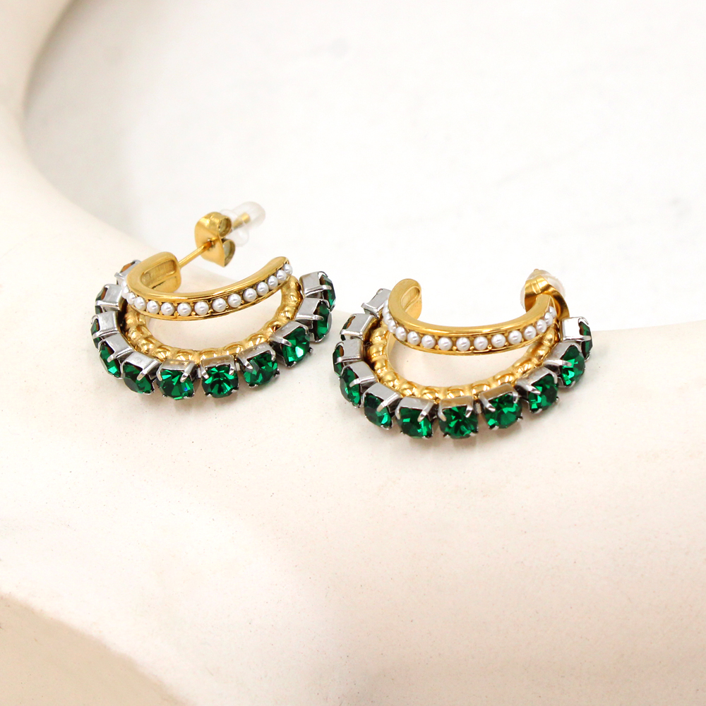 1 Pair IG Style Shiny C Shape Plating Inlay 304 Stainless Steel Pearl Zircon 18K Gold Plated Ear Studs display picture 15
