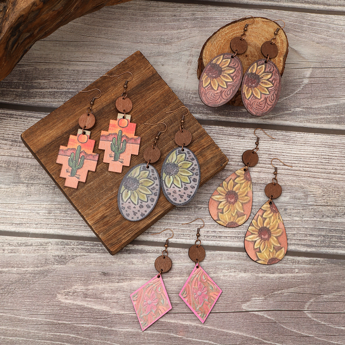 1 Pair Vintage Style Ethnic Style Cactus Sunflower Sun Printing Wood Drop Earrings display picture 3