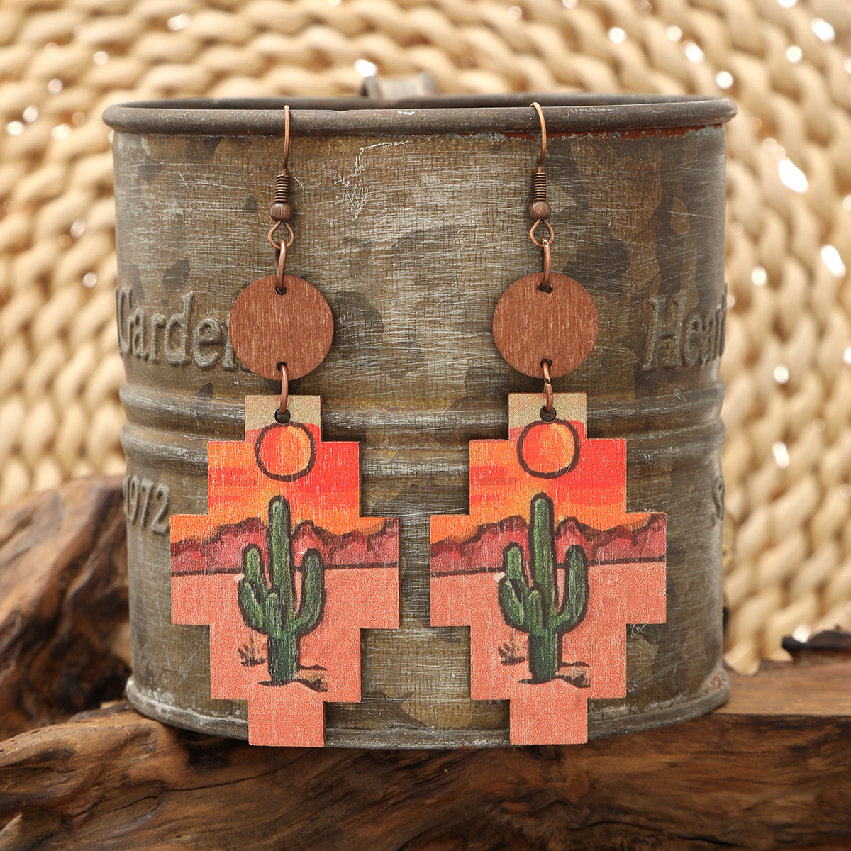 1 Pair Vintage Style Ethnic Style Cactus Sunflower Sun Printing Wood Drop Earrings display picture 4