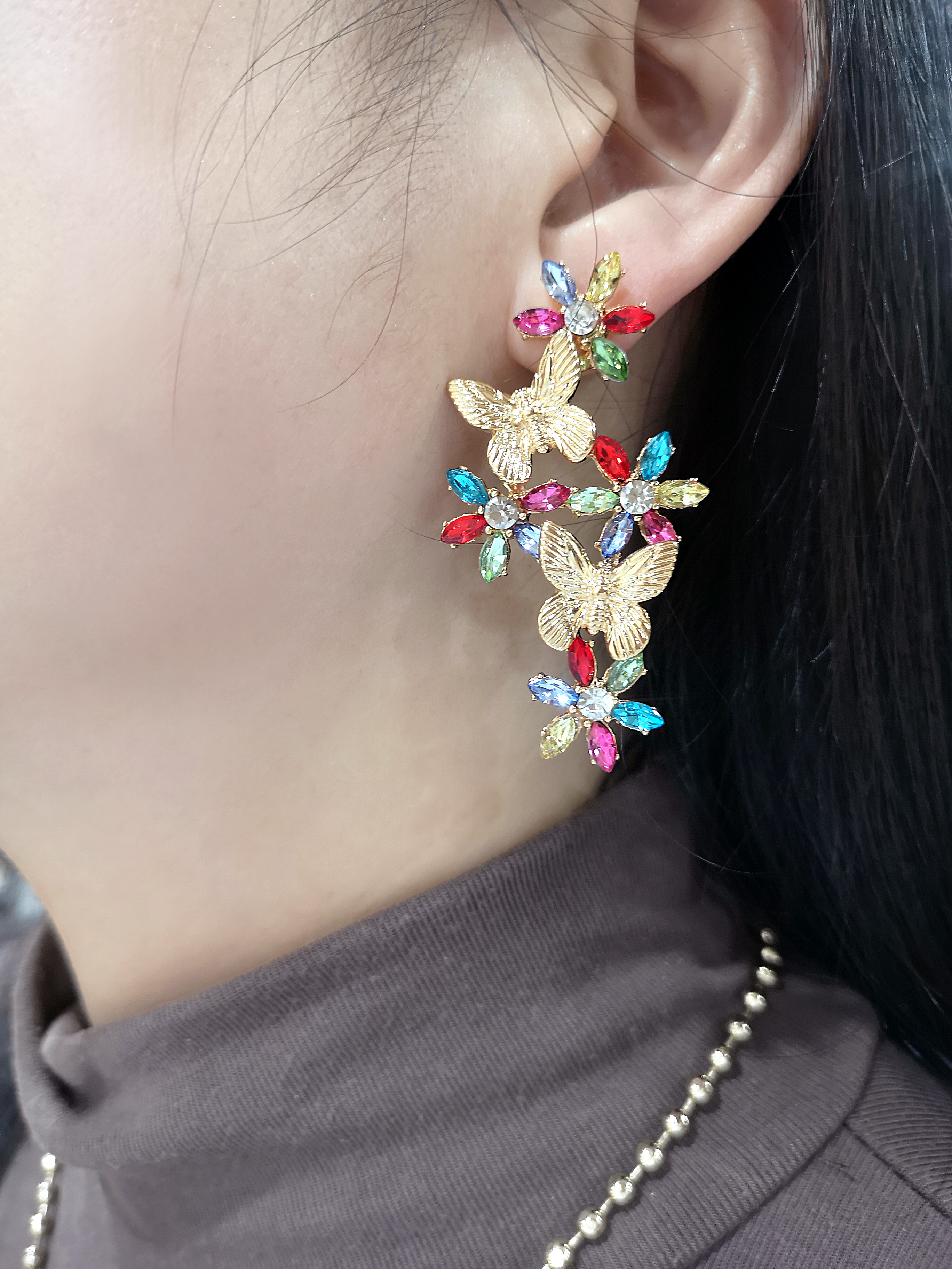 1 Pair Retro Pastoral Flower Butterfly Plating Inlay Metal Zircon Gold Plated Ear Studs display picture 4