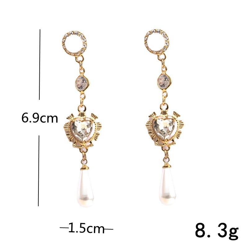 1 Paire Style Ig Sucré Forme De Cœur Placage Incruster Métal Perles Artificielles Zircon Boucles D'oreilles display picture 2