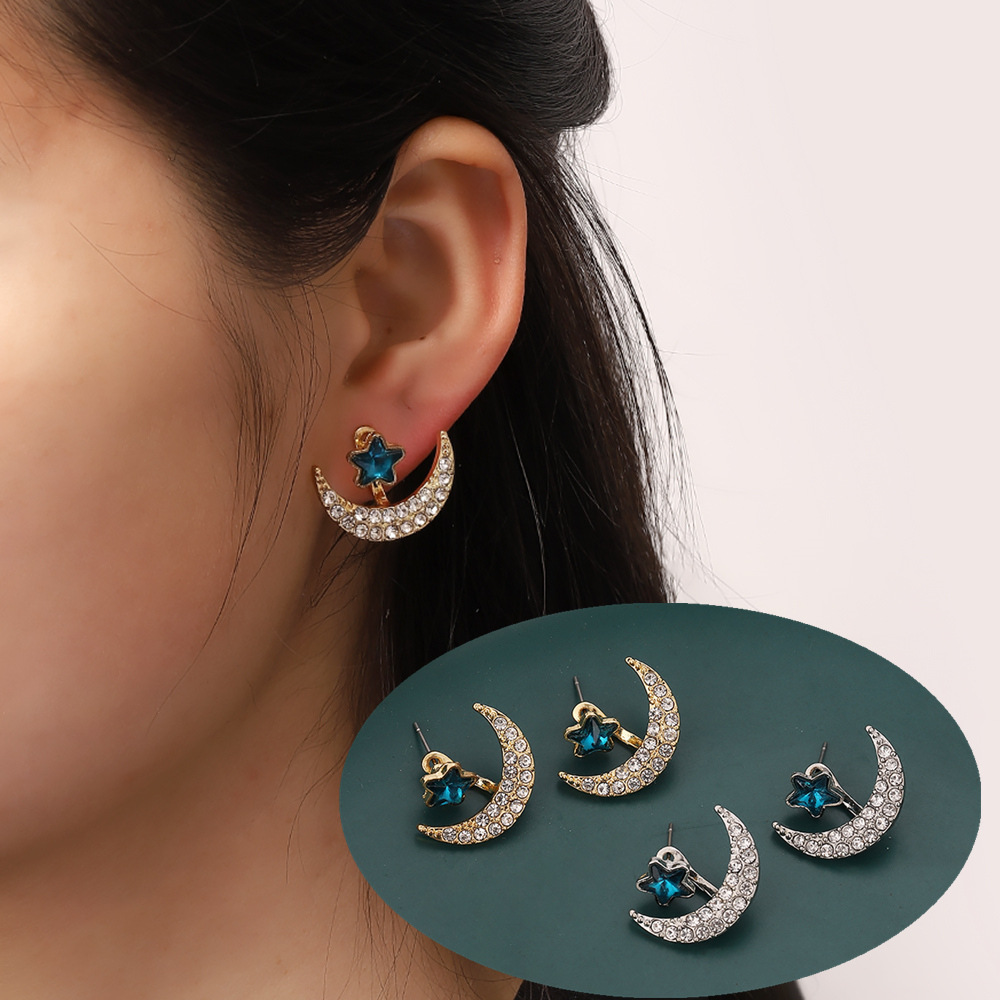1 Pair Simple Style Star Moon Plating Inlay Alloy Rhinestones Ear Studs display picture 2