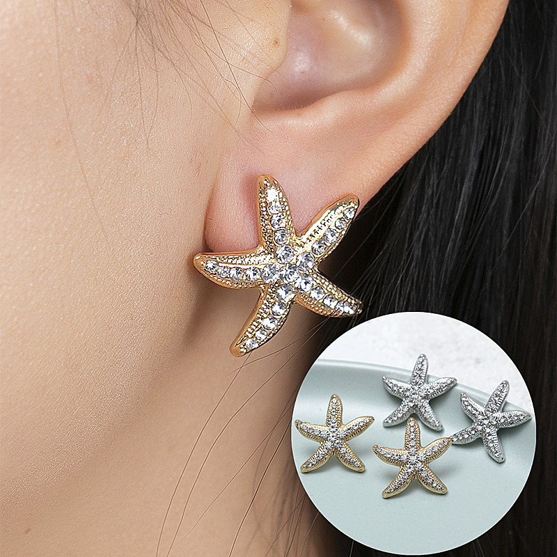 1 Pair Beach Starfish Inlay Alloy Zircon Ear Studs display picture 2