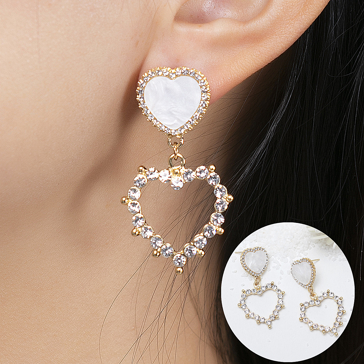 1 Pair Glam Heart Shape Inlay Alloy Rhinestones Drop Earrings display picture 1