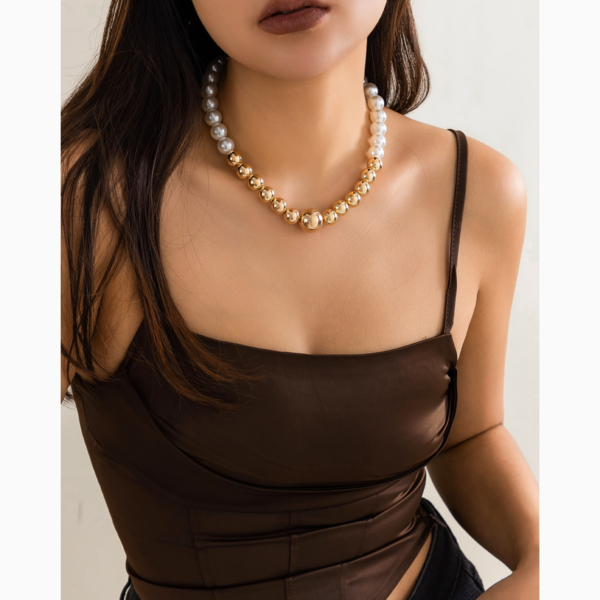 Retro Streetwear Irregular Round Color Block Ccb Imitation Pearl Beaded Three-dimensional Chain Women's Necklace display picture 3