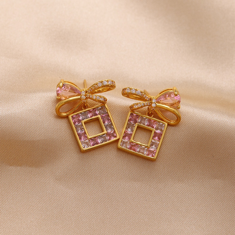 1 Pair Ig Style Luxurious Shiny Heart Shape Rose Bow Knot Plating Inlay Artificial Gemstones Copper Zircon 18k Gold Plated Ear Studs display picture 11