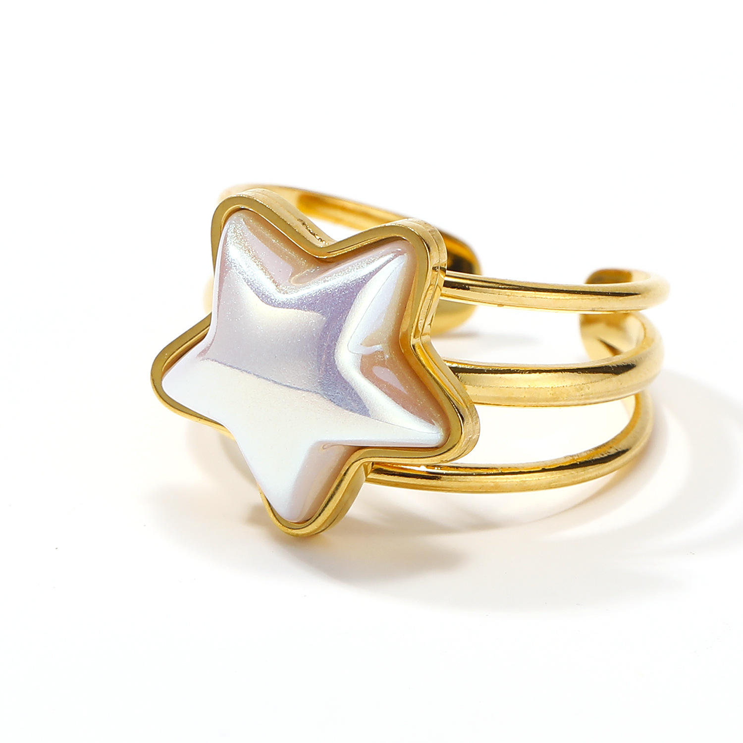 304 Stainless Steel 14K Gold Plated Cute Plating Inlay Double Ring Star Shell Open Rings display picture 3