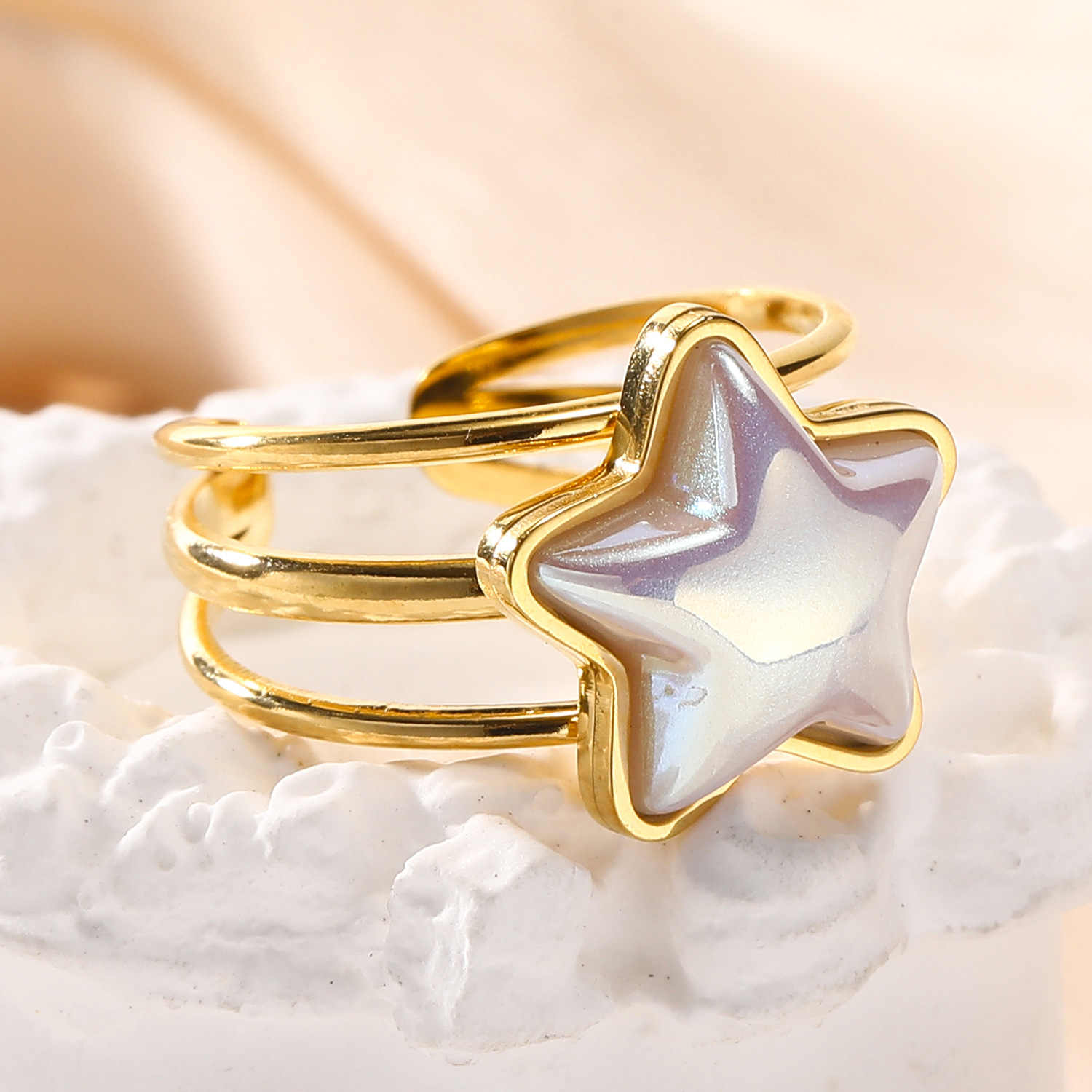304 Stainless Steel 14K Gold Plated Cute Plating Inlay Double Ring Star Shell Open Rings display picture 1