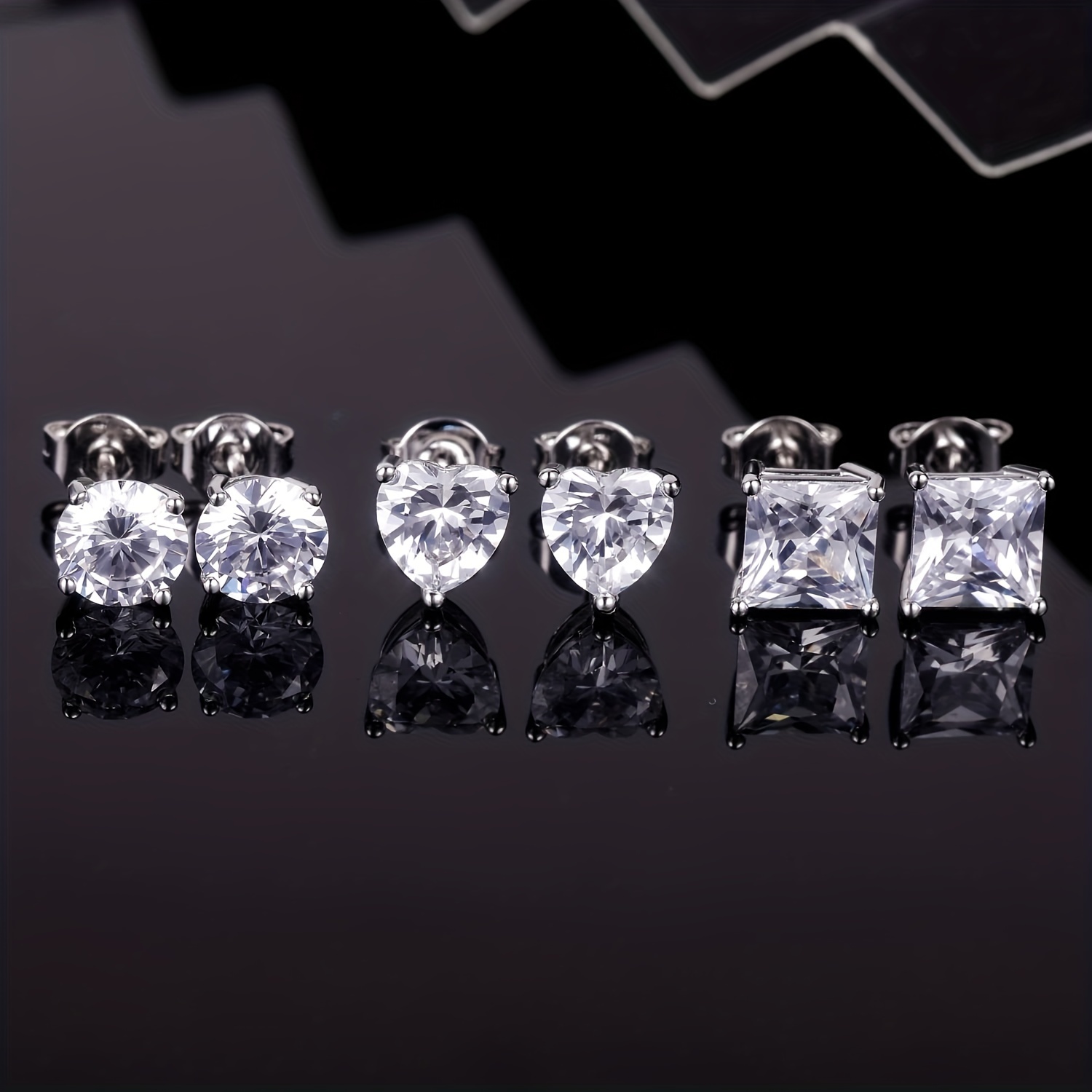 Basic Round Square Heart Shape Copper Plating Inlay Zircon White Gold Plated Ear Studs display picture 2