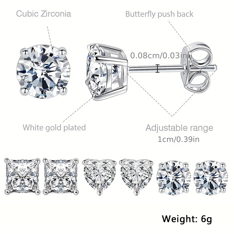 Basic Round Square Heart Shape Copper Plating Inlay Zircon White Gold Plated Ear Studs display picture 5