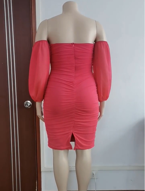 Pencil Skirt Sexy Collarless Rib-knit Pleated Long Sleeve Solid Color Midi Dress Party display picture 5