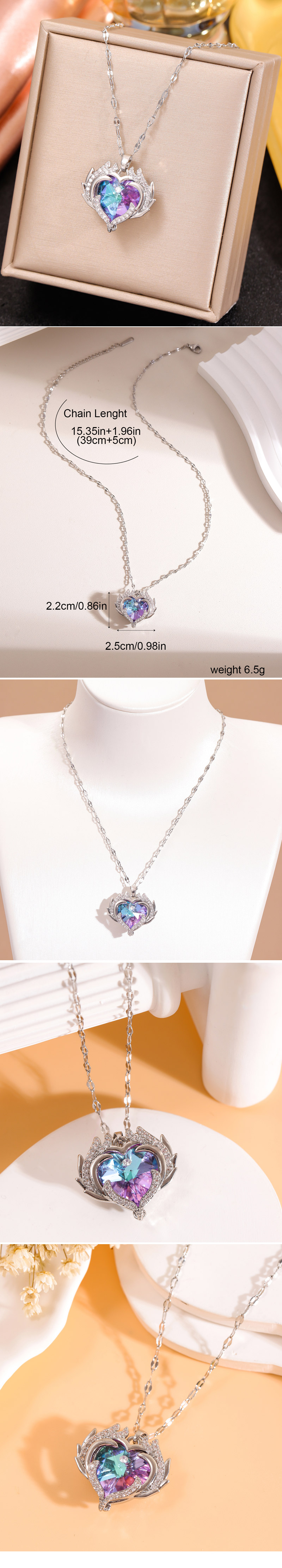 Süss Herzform Kupfer Überzug Inlay Künstlicher Kristall Halskette Mit Anhänger display picture 1