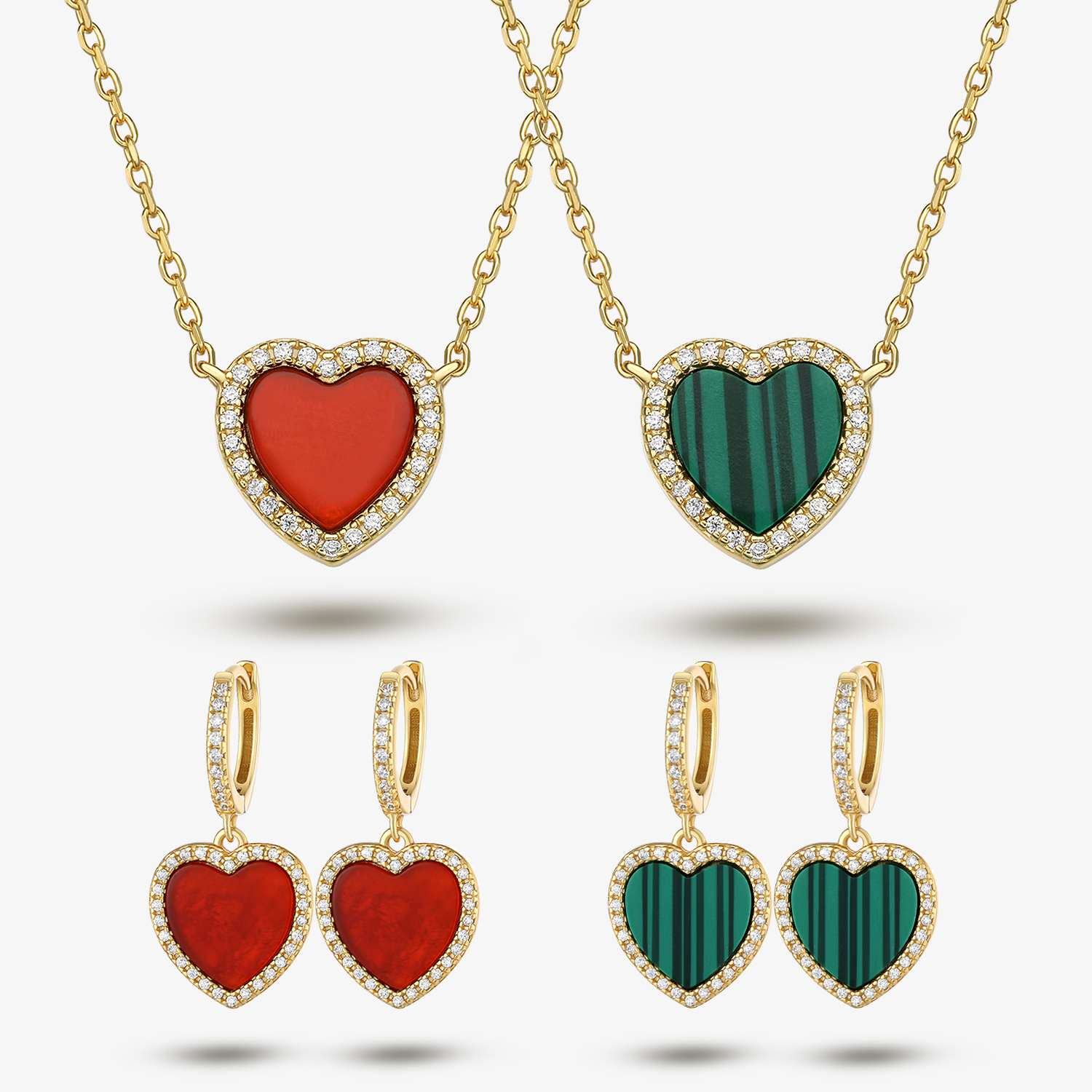 Elegant Vintage Style Heart Shape Sterling Silver Plating Inlay Malachite Gem Zircon 18k Gold Plated Women's Jewelry Set display picture 9