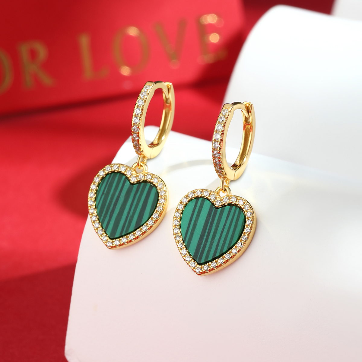Elegant Vintage Style Heart Shape Sterling Silver Plating Inlay Malachite Gem Zircon 18k Gold Plated Women's Jewelry Set display picture 8