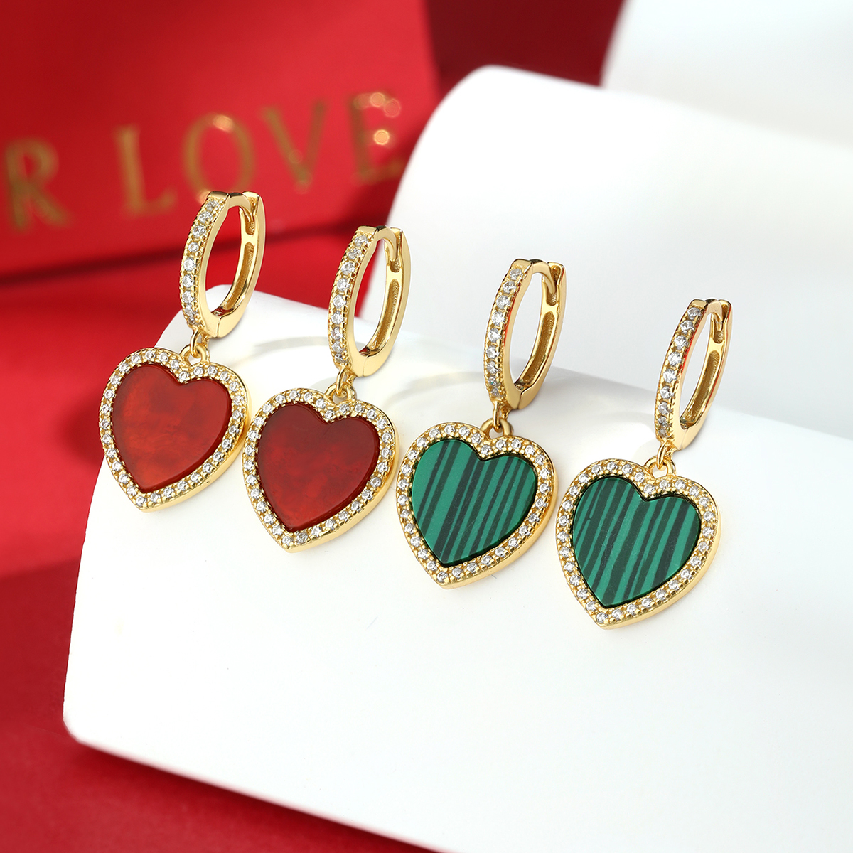 Elegant Vintage Style Heart Shape Sterling Silver Plating Inlay Malachite Gem Zircon 18k Gold Plated Women's Jewelry Set display picture 4