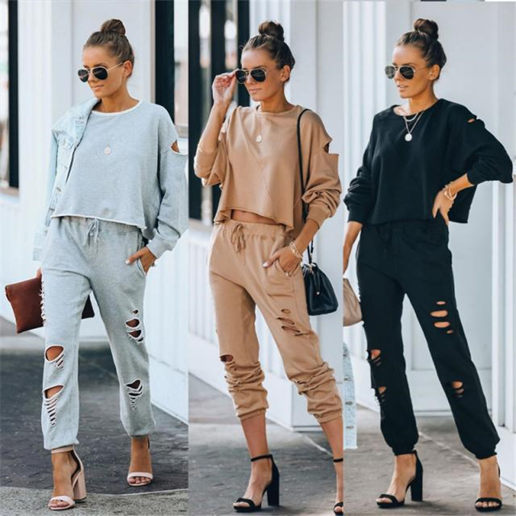 Women's Solid Color Casual Hole Street Style Hoodies Sets display picture 7
