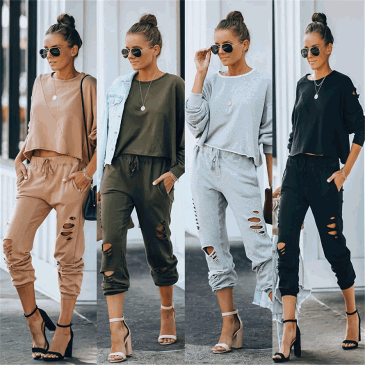 Women's Solid Color Casual Hole Street Style Hoodies Sets display picture 32