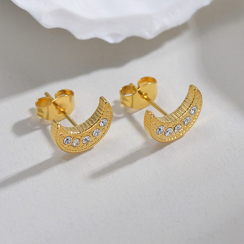 1 Pair Elegant Simple Style Moon Plating Inlay 304 Stainless Steel Rhinestones 18K Gold Plated Ear Studs display picture 1