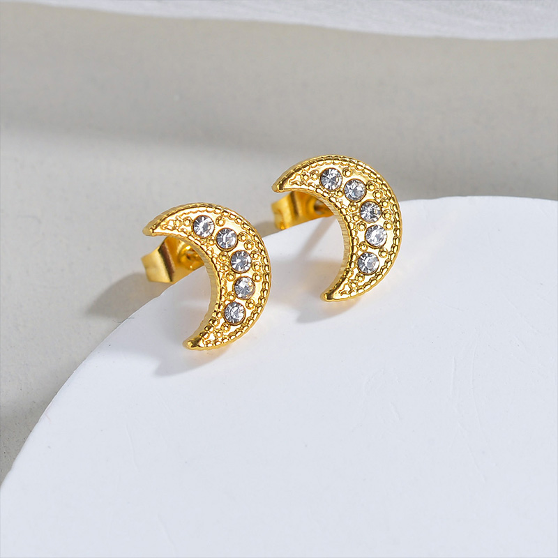 1 Pair Elegant Simple Style Moon Plating Inlay 304 Stainless Steel Rhinestones 18K Gold Plated Ear Studs display picture 2