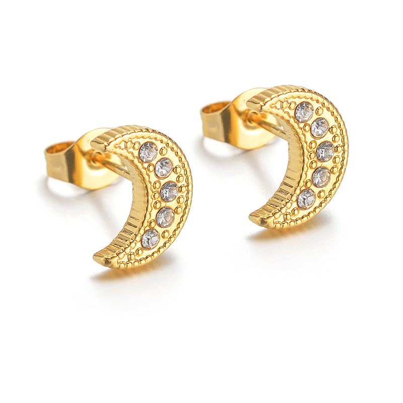 1 Pair Elegant Simple Style Moon Plating Inlay 304 Stainless Steel Rhinestones 18K Gold Plated Ear Studs display picture 4