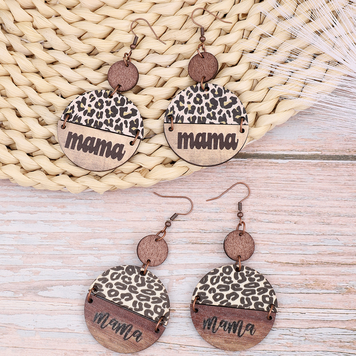1 Pair Vintage Style Letter Leopard Carving Wood Drop Earrings display picture 3