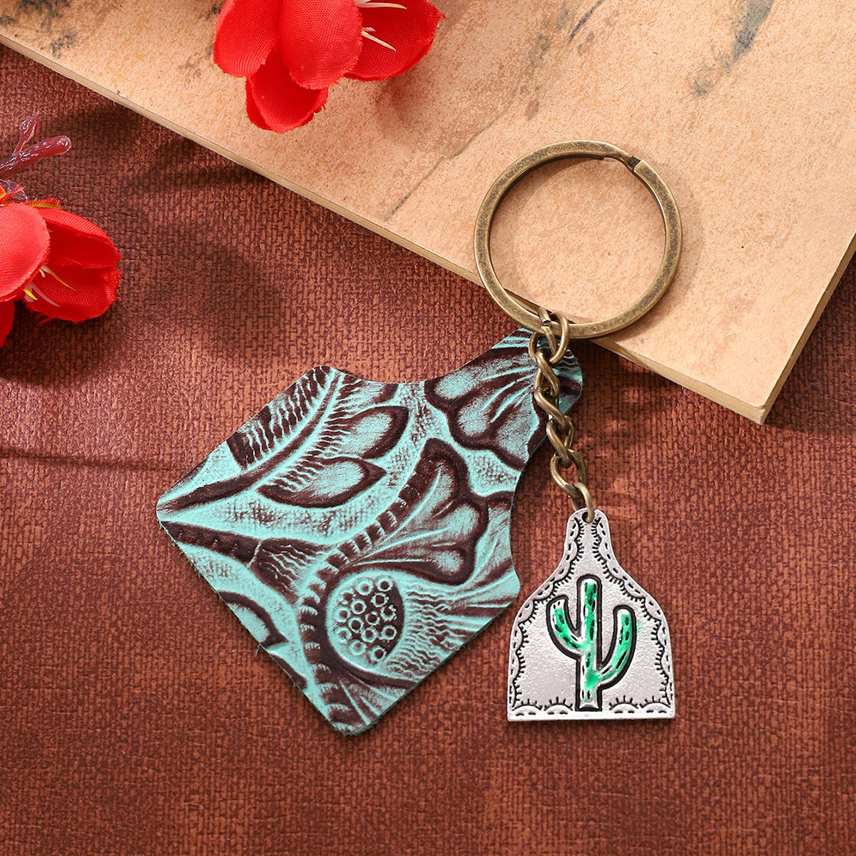 Vintage Style Cactus Pu Leather Alloy Keychain display picture 4