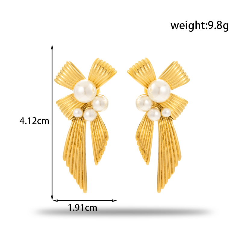1 Pair Vintage Style Simple Style C Shape Water Droplets Bow Knot Plating Inlay Stainless Steel Pearl Zircon 18k Gold Plated Ear Studs display picture 3