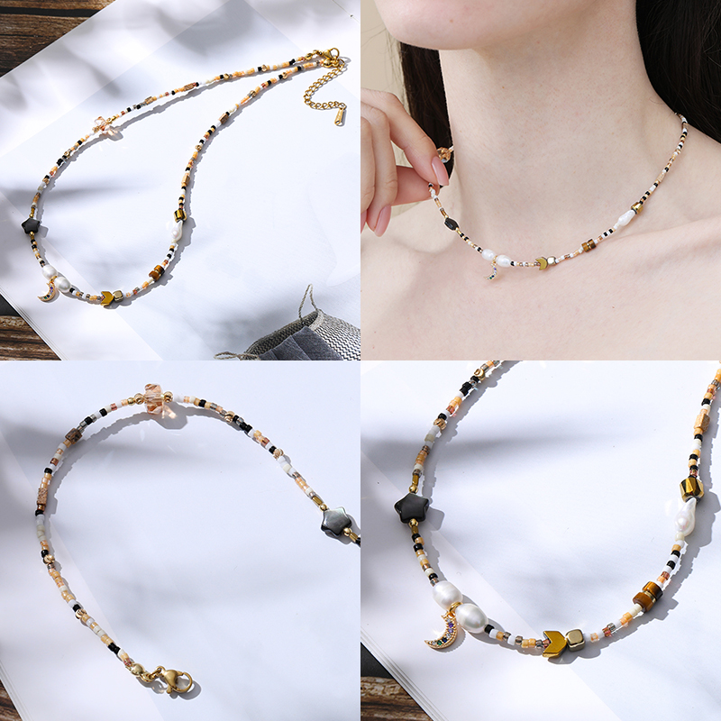 Vintage Style Simple Style Classic Style Moon Stainless Steel Beaded Copper Beaded Enamel Plating 14k Gold Plated 18k Gold Plated Women's Necklace display picture 23