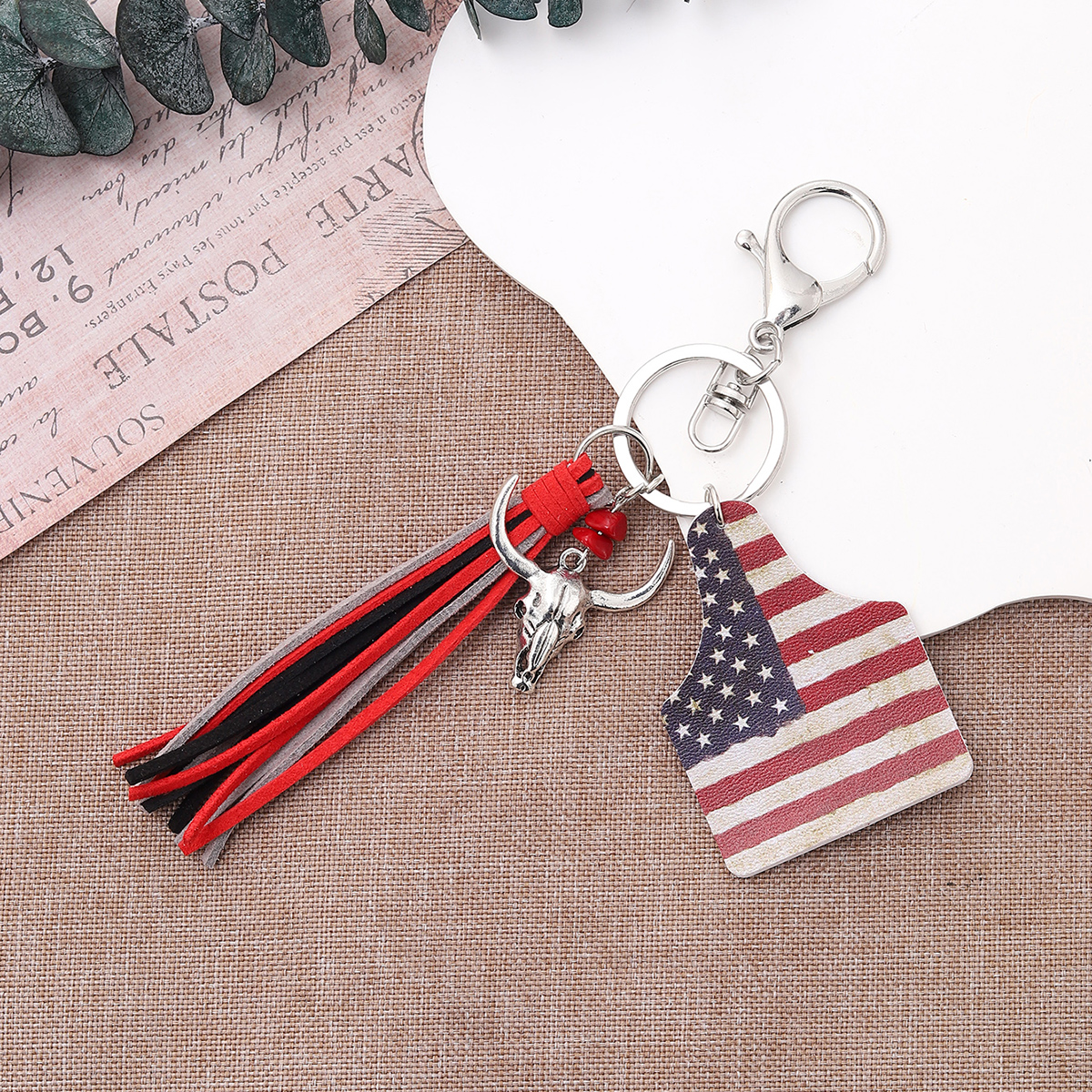 Vintage Style National Flag Cow Pattern Cattle Alloy Inlay Turquoise Bag Pendant Keychain display picture 3