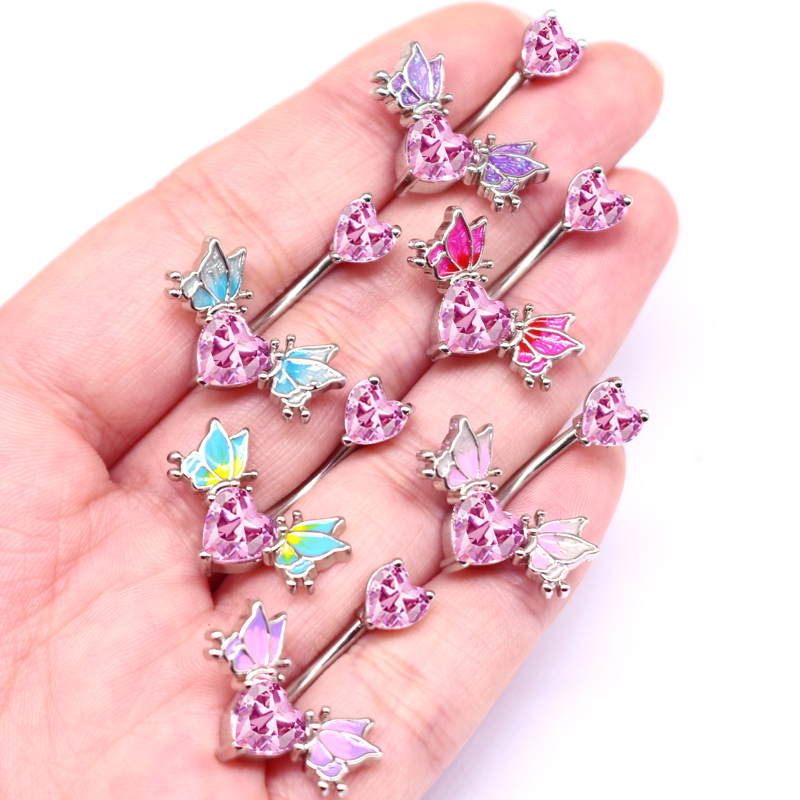 1 Piece Belly Rings Sexy Heart Shape Wings Butterfly 316 Stainless Steel  Alloy Inlay Rhinestones Glass White Gold Plated display picture 13