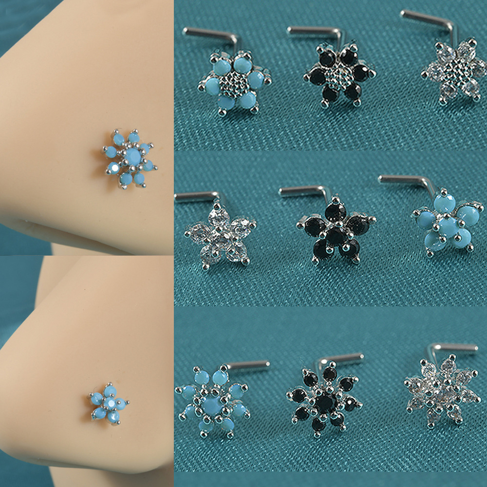 Elegant Sweet Shiny Flower Stainless Steel Turquoise Zircon Nose Studs In Bulk display picture 1