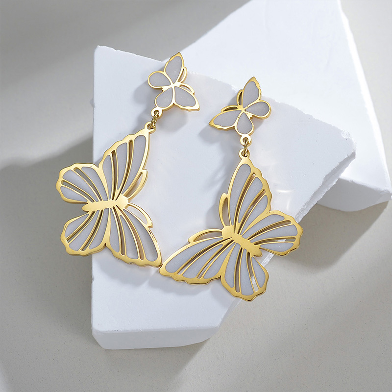 1 Pair Elegant Lady Simple Style Butterfly Plating Metal 304 Stainless Steel Painting Oil Pearl White 18K Gold Plated Drop Earrings display picture 2