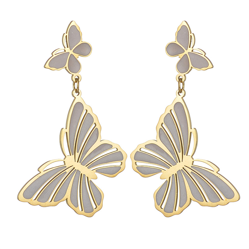 1 Pair Elegant Lady Simple Style Butterfly Plating Metal 304 Stainless Steel Painting Oil Pearl White 18K Gold Plated Drop Earrings display picture 4
