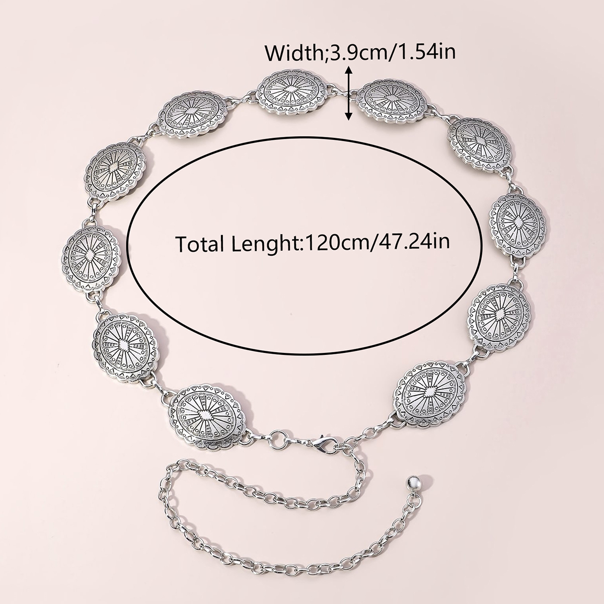 Ethnic Style Classic Style Korean Style Oval Carving Zinc Alloy Silver Plated Women's Waist Chain display picture 2