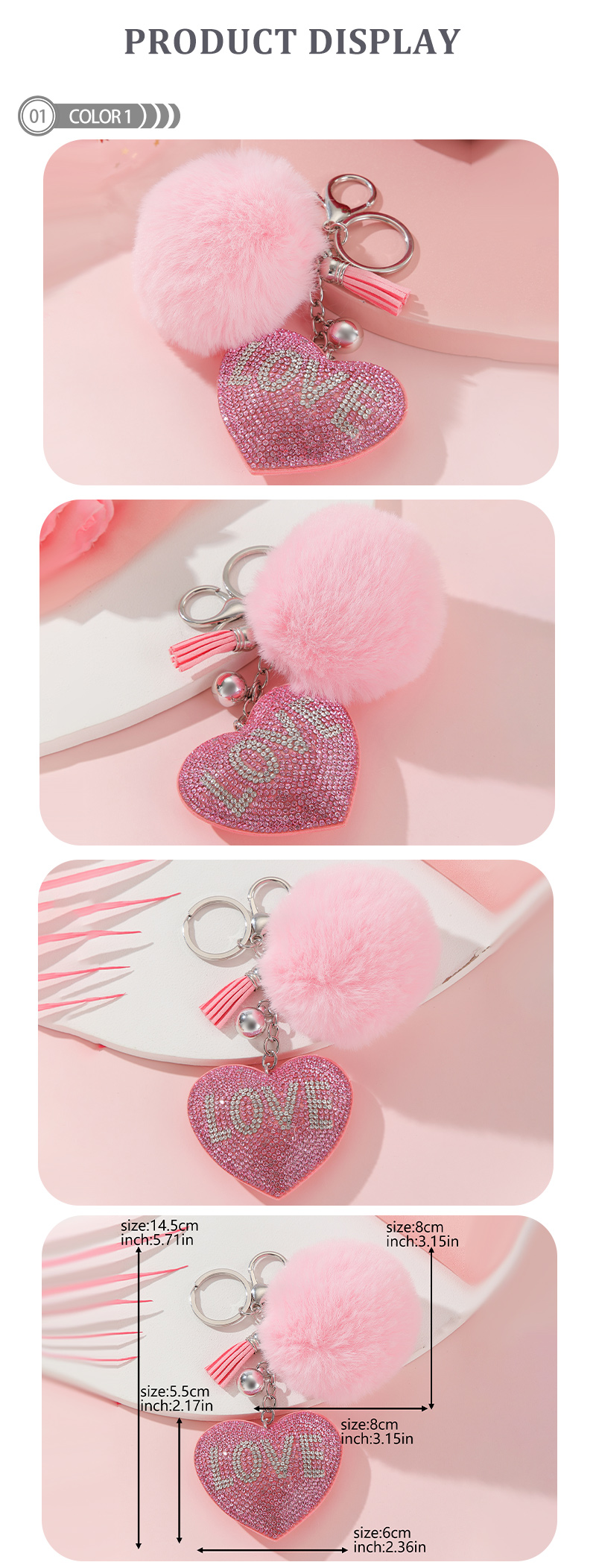 Simple Style Love Heart Shape Alloy Korean Velvet Pom Poms Tassel Inlay Rhinestones Valentine's Day Bag Pendant Keychain display picture 1