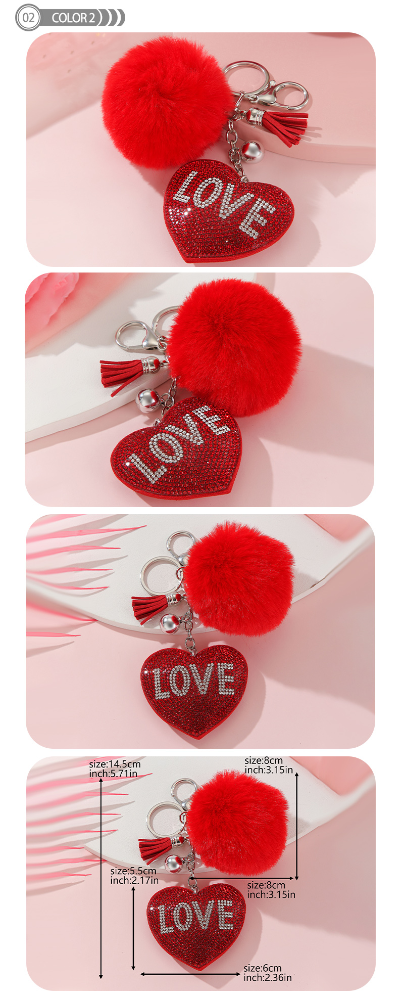Simple Style Love Heart Shape Alloy Korean Velvet Pom Poms Tassel Inlay Rhinestones Valentine's Day Bag Pendant Keychain display picture 2