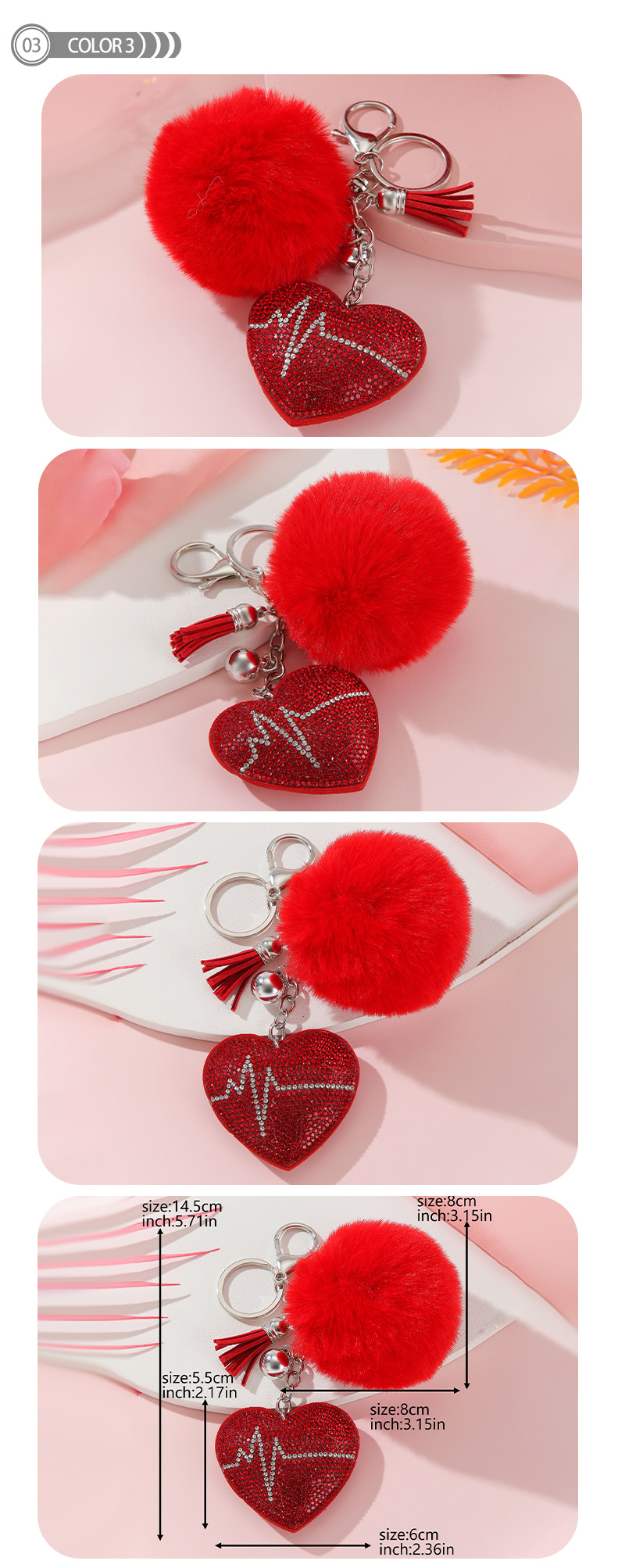 Simple Style Love Heart Shape Alloy Korean Velvet Pom Poms Tassel Inlay Rhinestones Valentine's Day Bag Pendant Keychain display picture 3