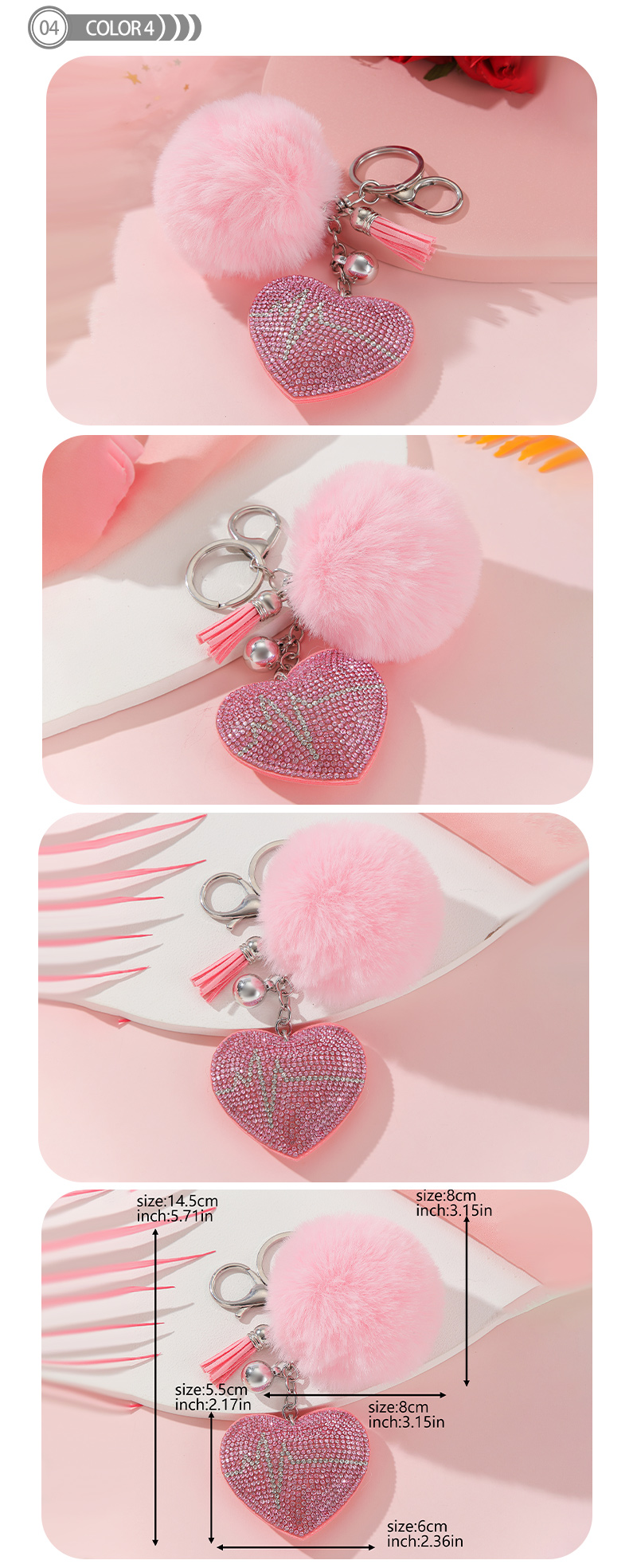 Simple Style Love Heart Shape Alloy Korean Velvet Pom Poms Tassel Inlay Rhinestones Valentine's Day Bag Pendant Keychain display picture 4