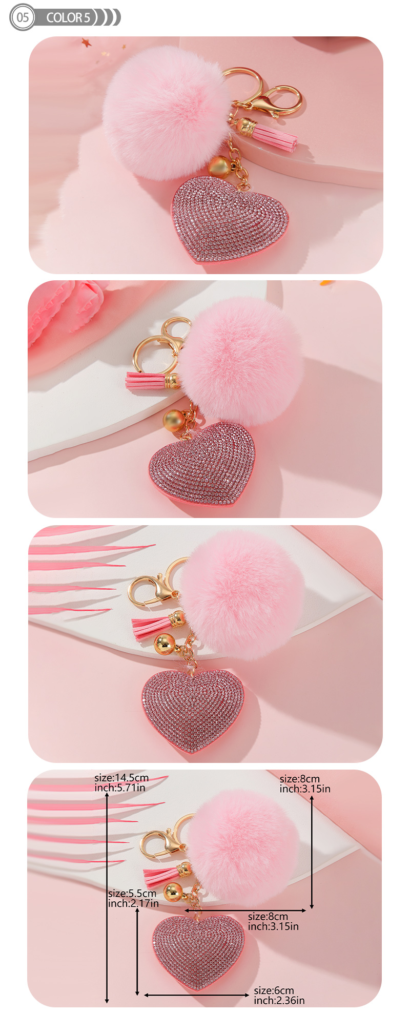 Simple Style Love Heart Shape Alloy Korean Velvet Pom Poms Tassel Inlay Rhinestones Valentine's Day Bag Pendant Keychain display picture 5