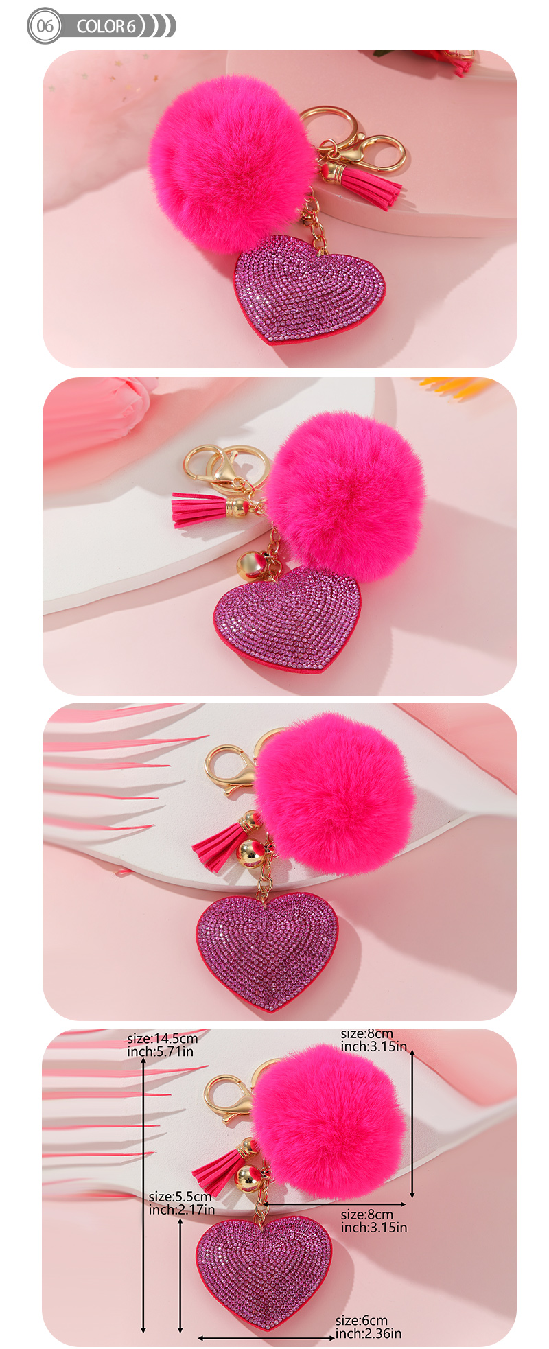 Simple Style Love Heart Shape Alloy Korean Velvet Pom Poms Tassel Inlay Rhinestones Valentine's Day Bag Pendant Keychain display picture 6