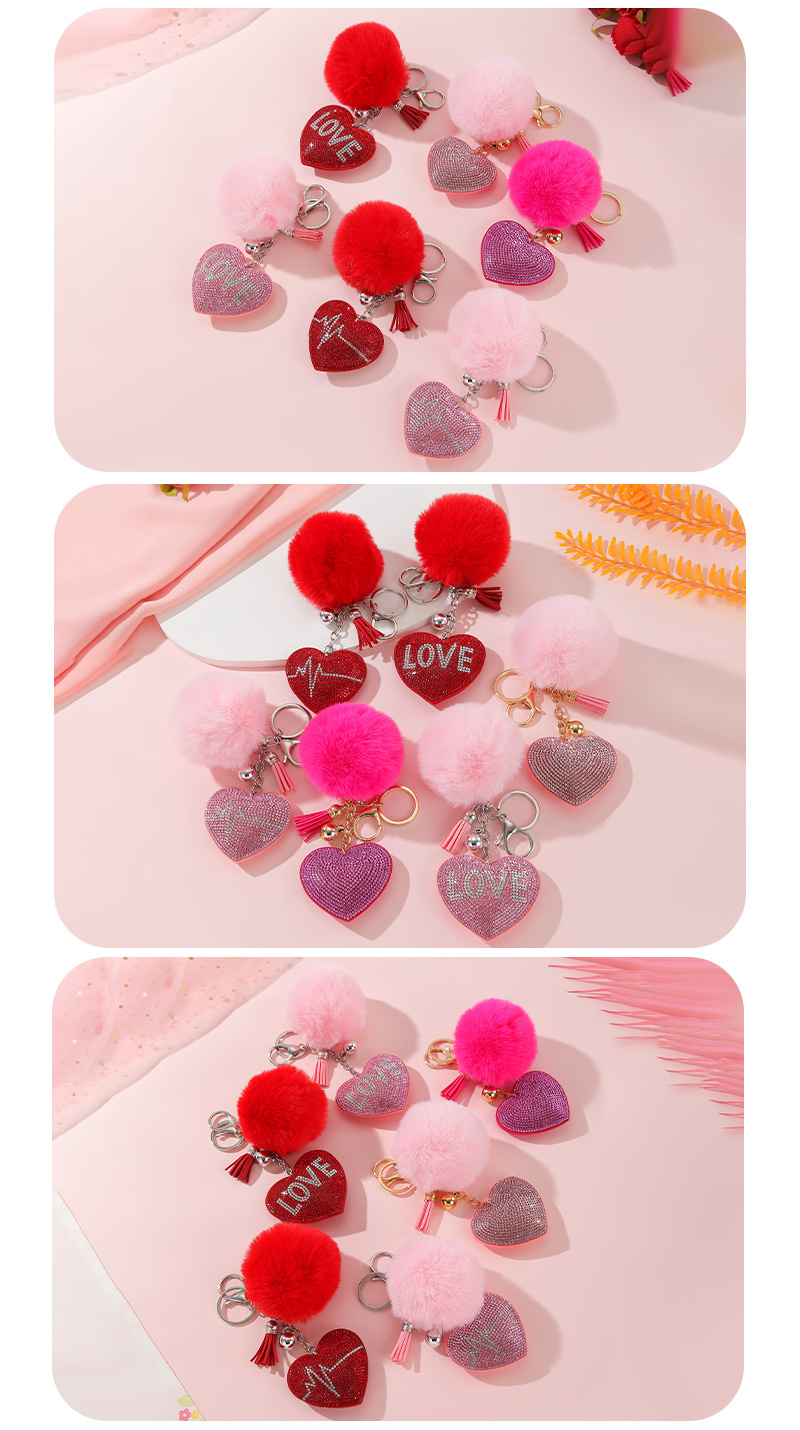 Simple Style Love Heart Shape Alloy Korean Velvet Pom Poms Tassel Inlay Rhinestones Valentine's Day Bag Pendant Keychain display picture 7