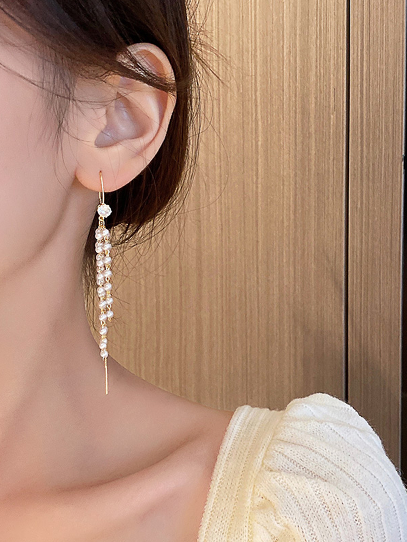 1 Pair Simple Style Tassel Pearl Inlay Alloy Rhinestones Ear Line display picture 2
