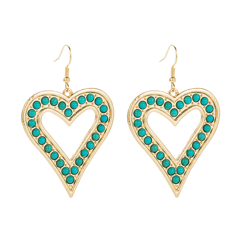 1 Pair Exaggerated Bohemian Heart Shape Plating Inlay Alloy Turquoise Rhinestones Gold Plated Drop Earrings display picture 7