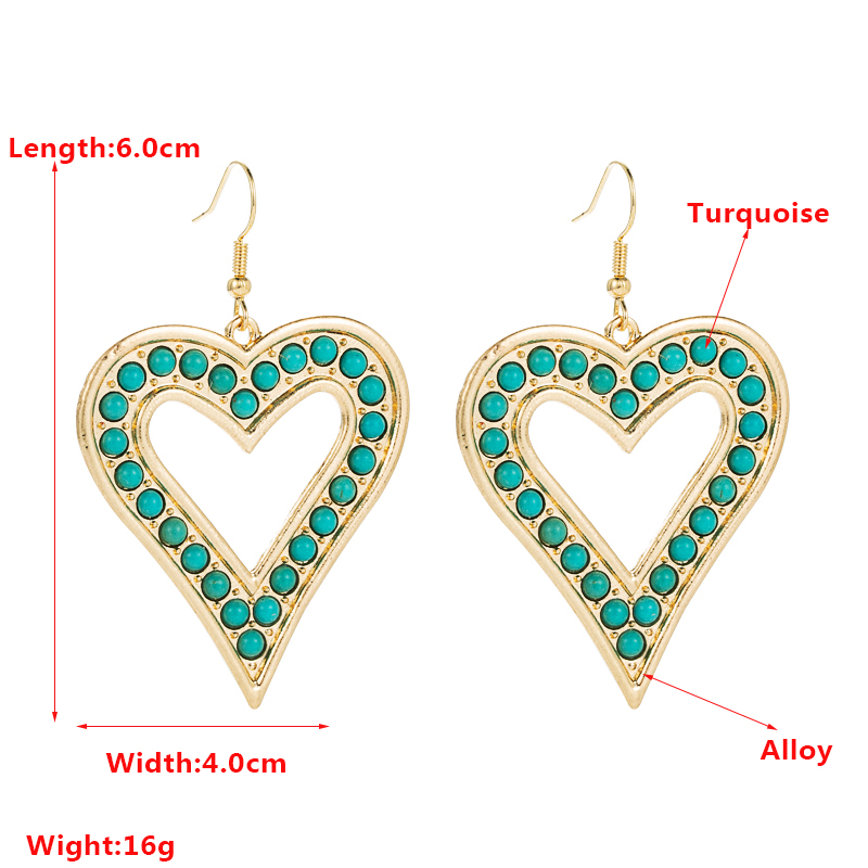 1 Pair Exaggerated Bohemian Heart Shape Plating Inlay Alloy Turquoise Rhinestones Gold Plated Drop Earrings display picture 1
