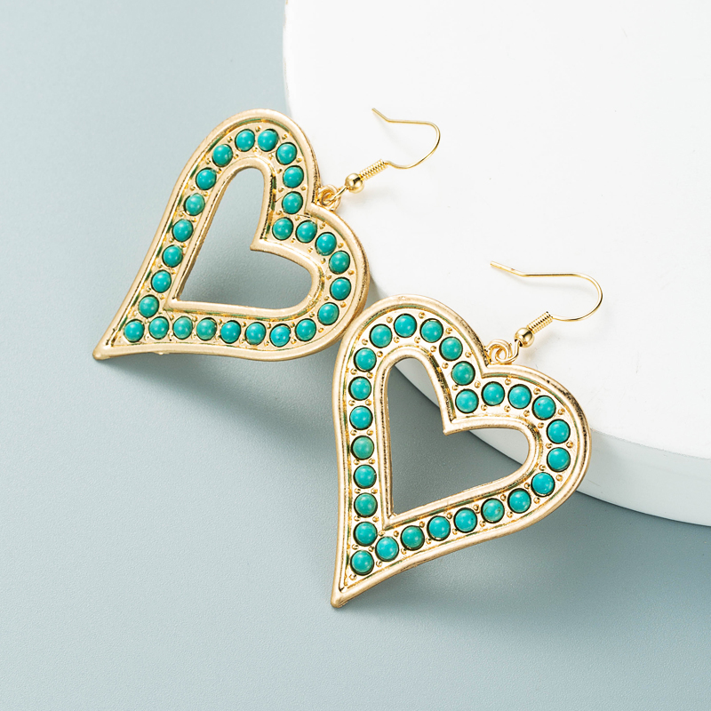 1 Pair Exaggerated Bohemian Heart Shape Plating Inlay Alloy Turquoise Rhinestones Gold Plated Drop Earrings display picture 6
