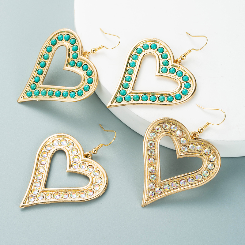 1 Pair Exaggerated Bohemian Heart Shape Plating Inlay Alloy Turquoise Rhinestones Gold Plated Drop Earrings display picture 2
