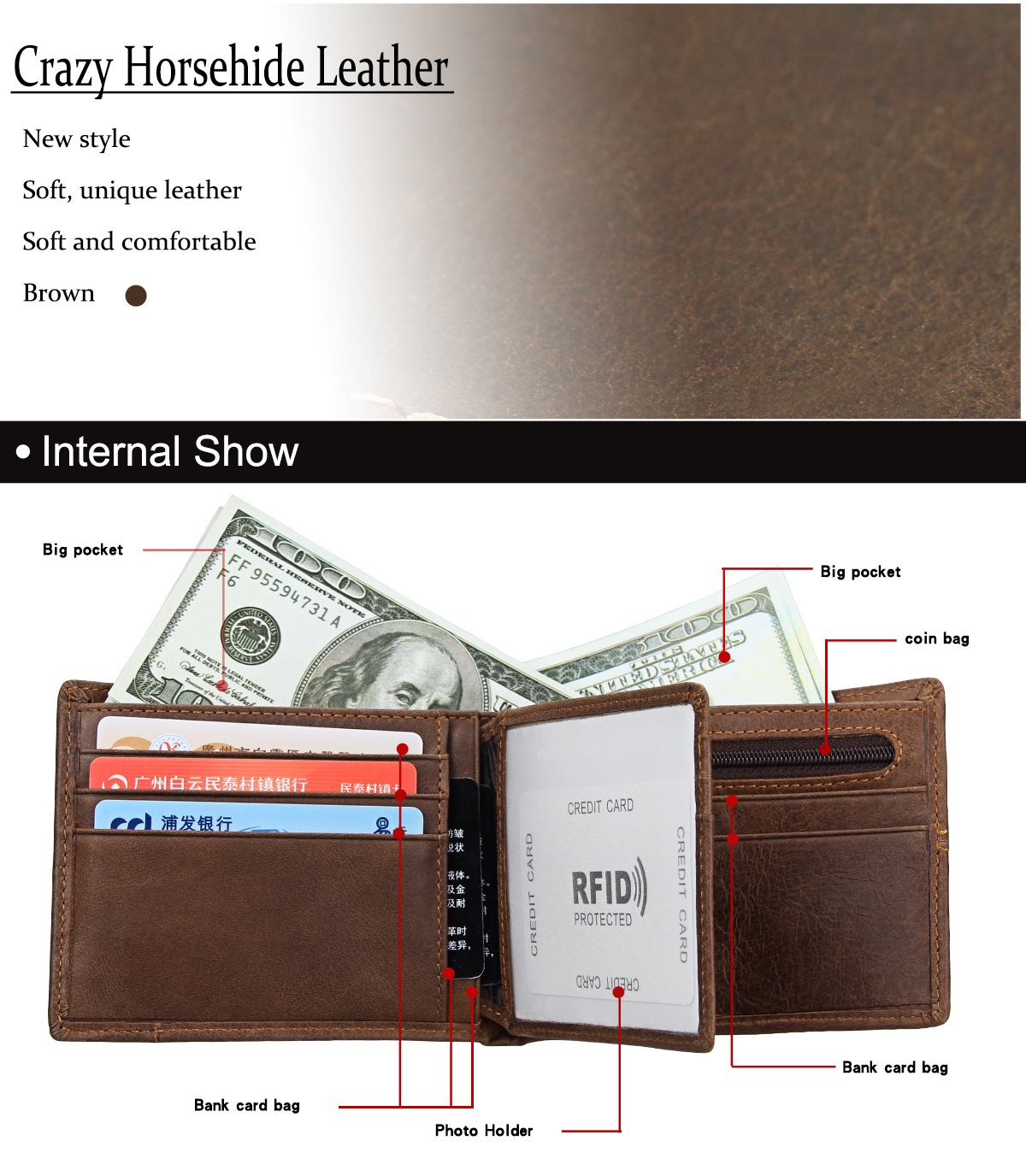 Leather Men's Wallet Rfid Crazy Horse Cowhide Short Wallet Anti-degaussing Retro Casual Coin Purse display picture 3