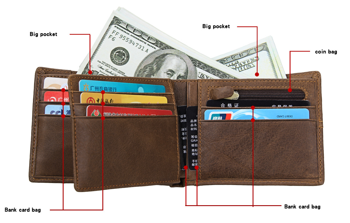 Leather Men's Wallet Rfid Crazy Horse Cowhide Short Wallet Anti-degaussing Retro Casual Coin Purse display picture 4