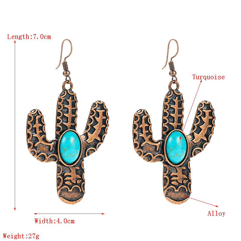 1 Pair Vintage Style Cactus Plating Inlay Alloy Turquoise Rhodium Plated Drop Earrings display picture 1
