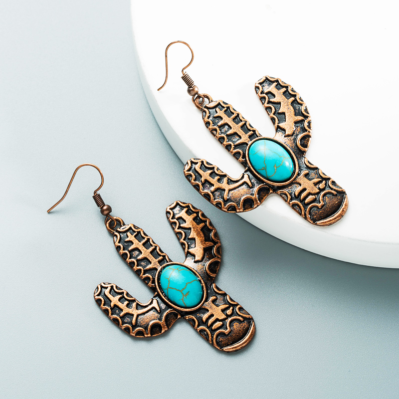 1 Pair Vintage Style Cactus Plating Inlay Alloy Turquoise Rhodium Plated Drop Earrings display picture 2